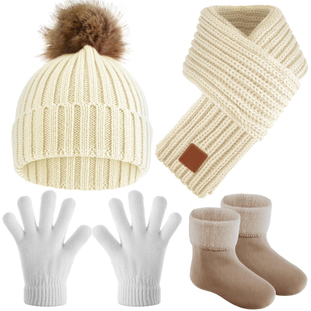 Syhood 4 Pcs Winter Kids Beanie Hat Scarf Gloves Socks Knit Set, White