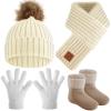 Syhood 4 Pcs Winter Kids Beanie Hat Scarf Gloves Socks Knit Set, White view 1