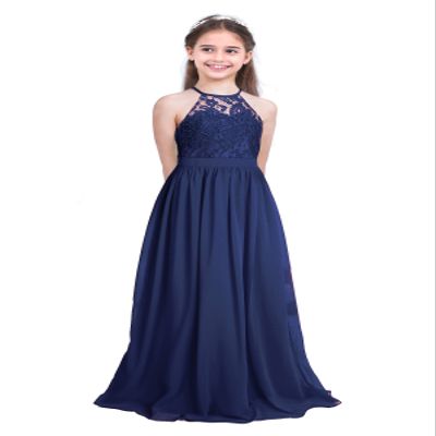 Yihuimin Big Girls Flower Dress Halter Floral Lace Top Chiffon Maxi Gown Junior Bridesmaid A-Line Dress Navy Blue 8 Years