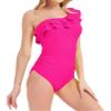 Annbon Women's One Piece Swimsuits One Shoulder Bathing Suits Asymmetric Ruffle Monokinis Swimwear, Hot Pink, M view 1