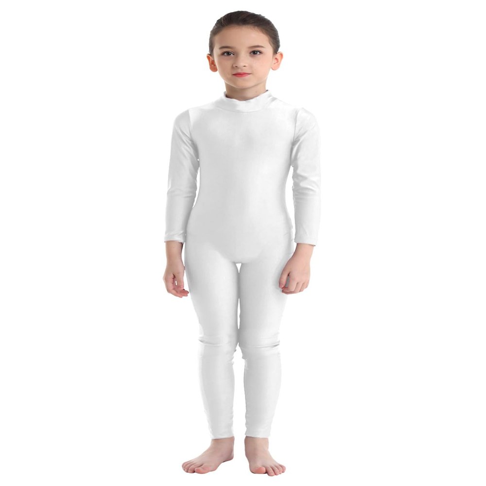 Manyakai Kids Boys Girls Spandex Turtleneck Long Sleeve Unitard Jumpsuit Full Length Gymnastic Leotard Ivory 8-10 Years