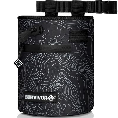 SURVIVOR Chalk Bag - Rock Climbing Chalk Bag for Rock Climbing, Bouldering, Weight Lifting, & More - Draw String Closure, 2 Zippered Pockets & Brush Holder - Gym Chalk Holder & Rock Climbing Bag