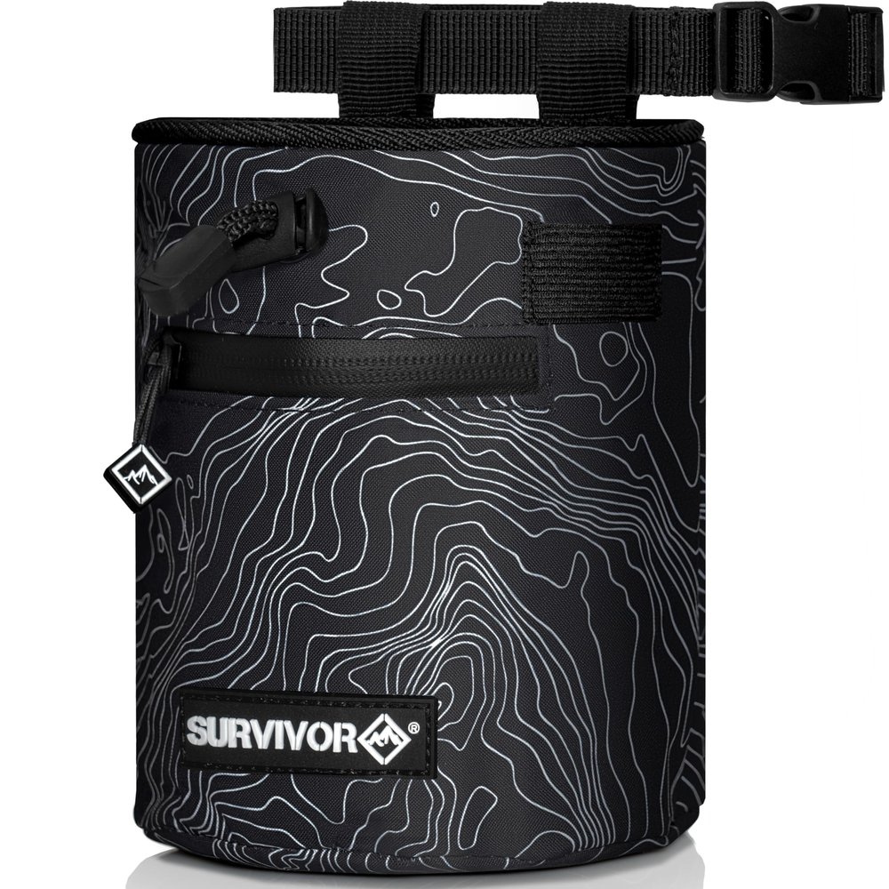 SURVIVOR Chalk Bag - Rock Climbing Chalk Bag for Rock Climbing, Bouldering, Weight Lifting, & More - Draw String Closure, 2 Zippered Pockets & Brush Holder - Gym Chalk Holder & Rock Climbing Bag