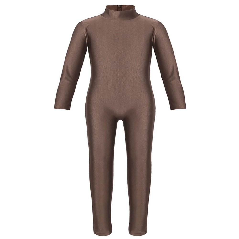 Loloda Kids Girls One Piece Spandex Unitards Long Sleeve Turtleneck Full Bodysuit for Dance Gym Workout Brown 4-5 Years