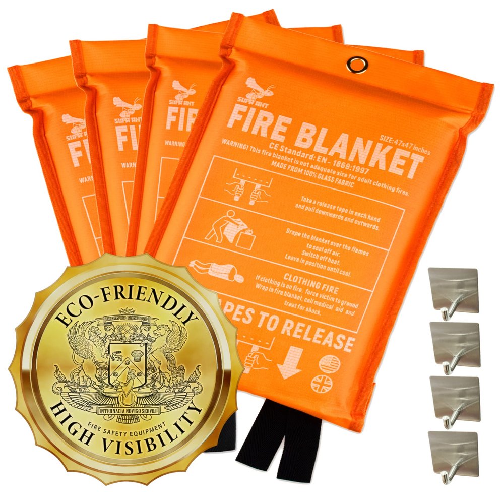 Fire Blanket - 1500F CE Certified Emergency Fire Blanket for Home and Kitchen. 500GSM Fabric & 0.5mm Thick - 100% Fiberglass Fire Extinguisher for Car,Warehouse Office - 4pc (47x47 inches) by Supa Ant