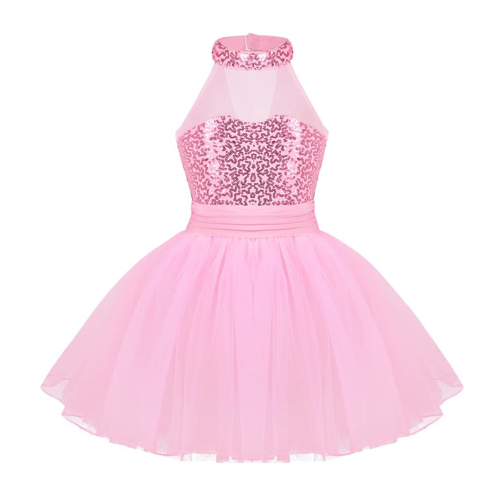 Loloda Little Girls Sequin Sparkly Ballet Dance Dress Tutu Skirted Leotard Ballerina Dancewear Costume Pink 7-8 Years