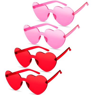 TOODOO 4 Pack Heart Shaped Sunglasses Rimless Candy Color Eyewear Valentines Halloween Accessories(Pink, Red)