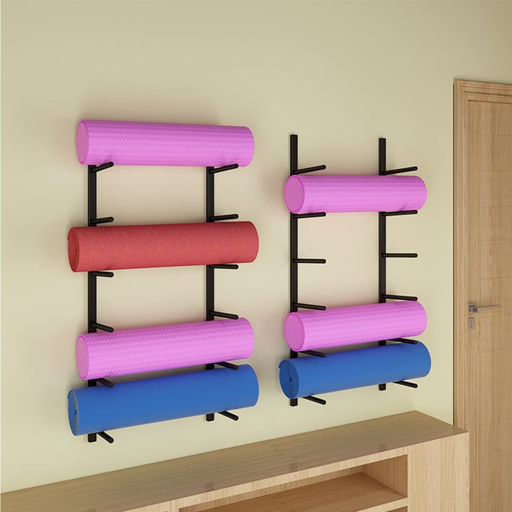 DRSFF Yoga Mat/Foam Rollers Holder Wall Mount 6-Tier Metal Storage Rack for Yoga Room Home Gym | Black White Large Capacity Adjustable Exercise Equipmen Organizer (Color : Black)