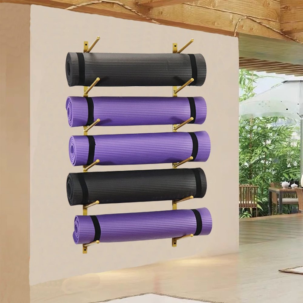 DRSFF Wall Mount Yoga Mat Storage Shelf Holder Yoga Studio Gym Foam Roller Organizer Rack White Black Gold 6-Tier Metal Large Capacity Exercise Equipmen Organizer (Color : A)