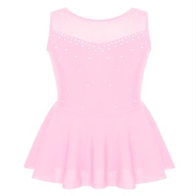Agoky Big Girls' Kids Sparkly Ice Figure Skating Roller Skating Dress Gymnastic Tutu Skirted Leotard Costume Pink Sparkly 13-14