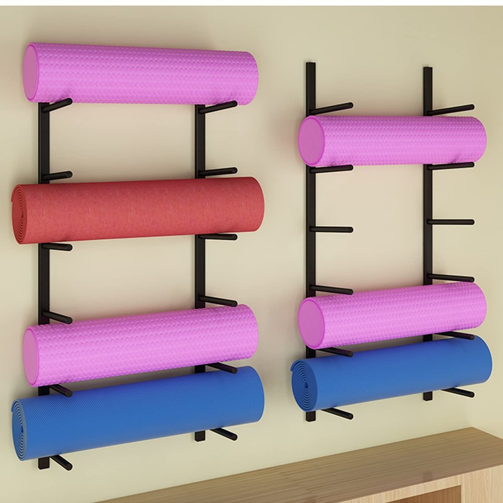 DRSFF Multi-Layer Yoga Mat Frame Gym Wall Mount Storage Holder Metal Simple Large Capacity Yoga Column Foam Roller Placement Rack, Easy to Install (Color : Black)