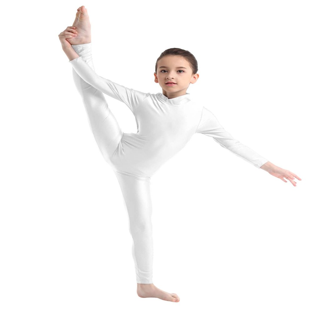 Loloda Kids Girls One Piece Spandex Unitards Long Sleeve Turtleneck Full Bodysuit for Dance Gym Workout Ivory 8-10 Years