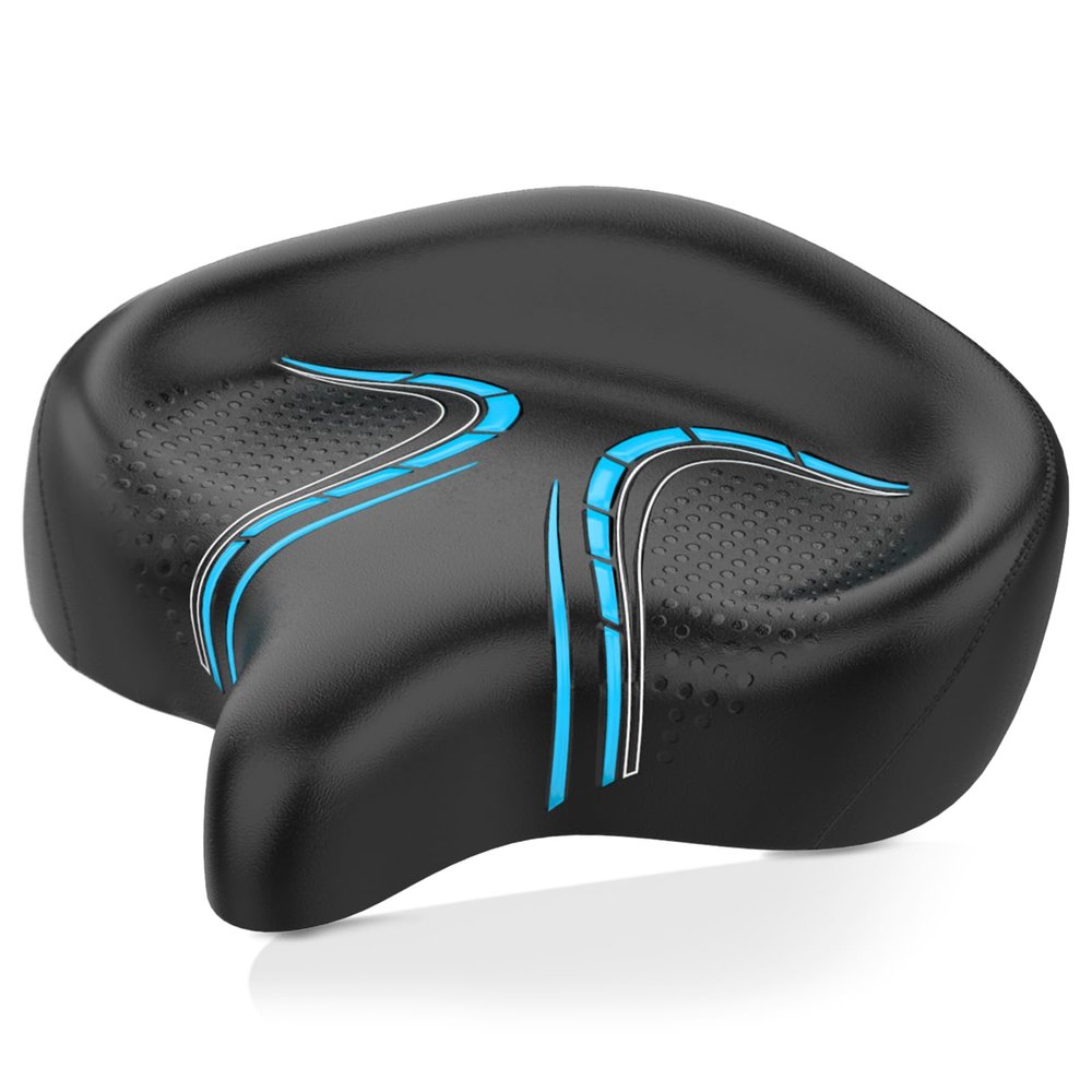 BLUEWIND Oversized Bike Seat, Wide Bicycle Saddle Novel Backrest Design for Electric Bike, Universal Fit Exercise or Road Stationary Bike Seat Cushion for Men & Women (Blue)