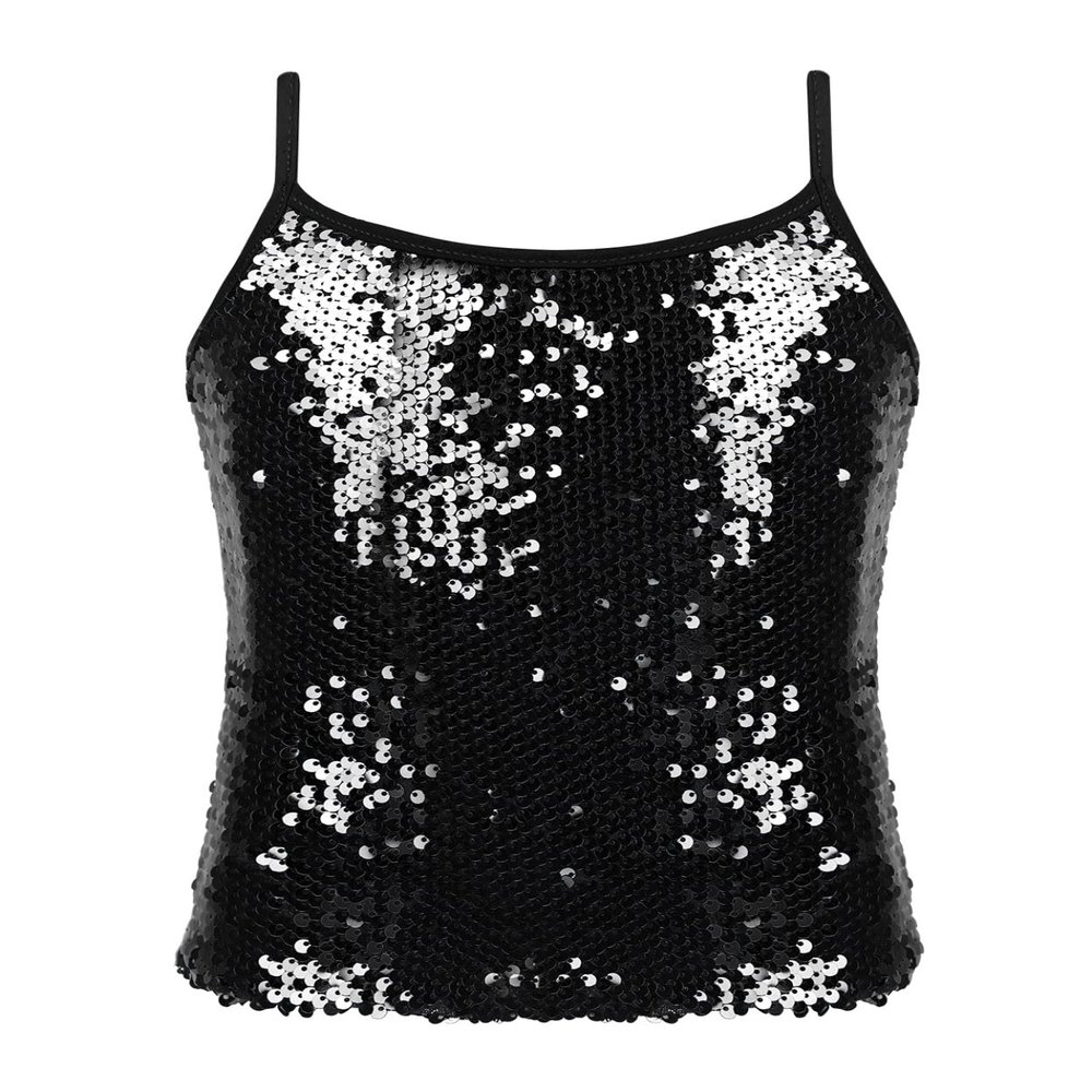 Loloda Big Girls' Sparkle Sequins Tank Tops Camisole Latin Jazz Ballet Dance Stage Performance Costume Black 8 Years