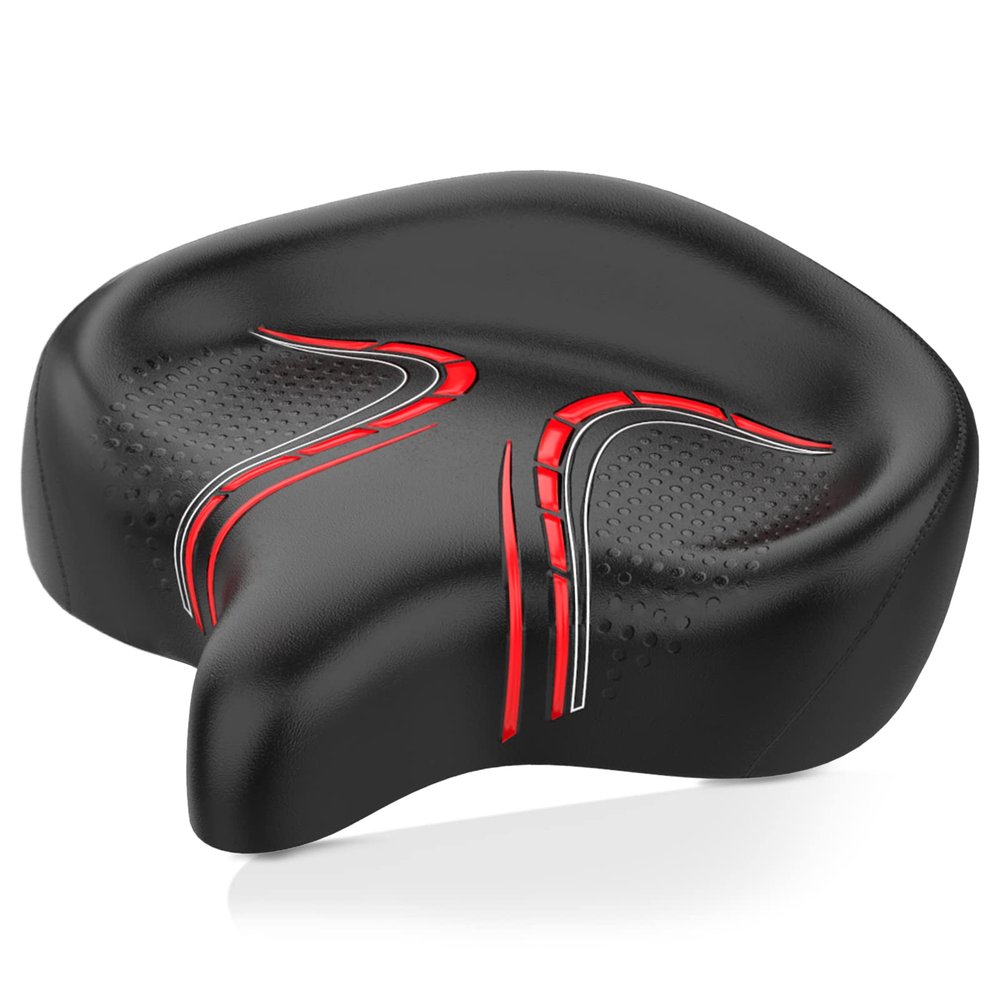 BLUEWIND Oversized Bike Seat, Wide Bicycle Saddle Novel Backrest Design for Electric Bike, Universal Fit Exercise or Road Stationary Bike Seat Cushion for Men & Women (Red)