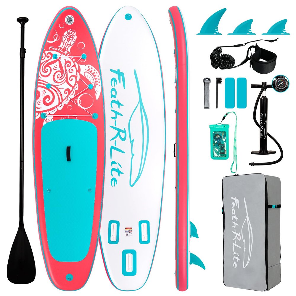 FEATH-R-LITE Inflatable Paddle Board Stand Up Paddleboards for Adults SUP with Complete Premium Accessories Pump, Adjustable Paddle, Leash, Three Fins, Waterproof Phone Bag, Repair Kit, Backpack