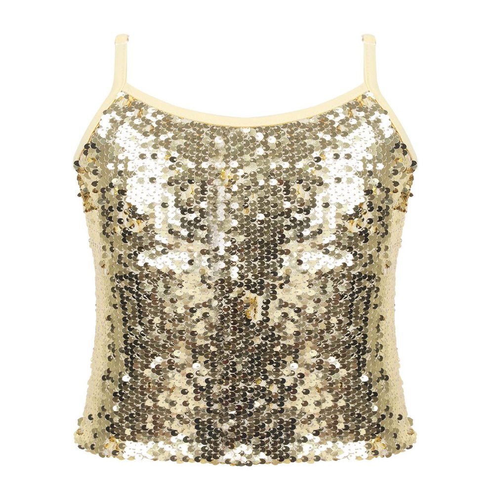 Loloda Big Girls' Sparkle Sequins Tank Tops Camisole Latin Jazz Ballet Dance Stage Performance Costume Gold 8 Years