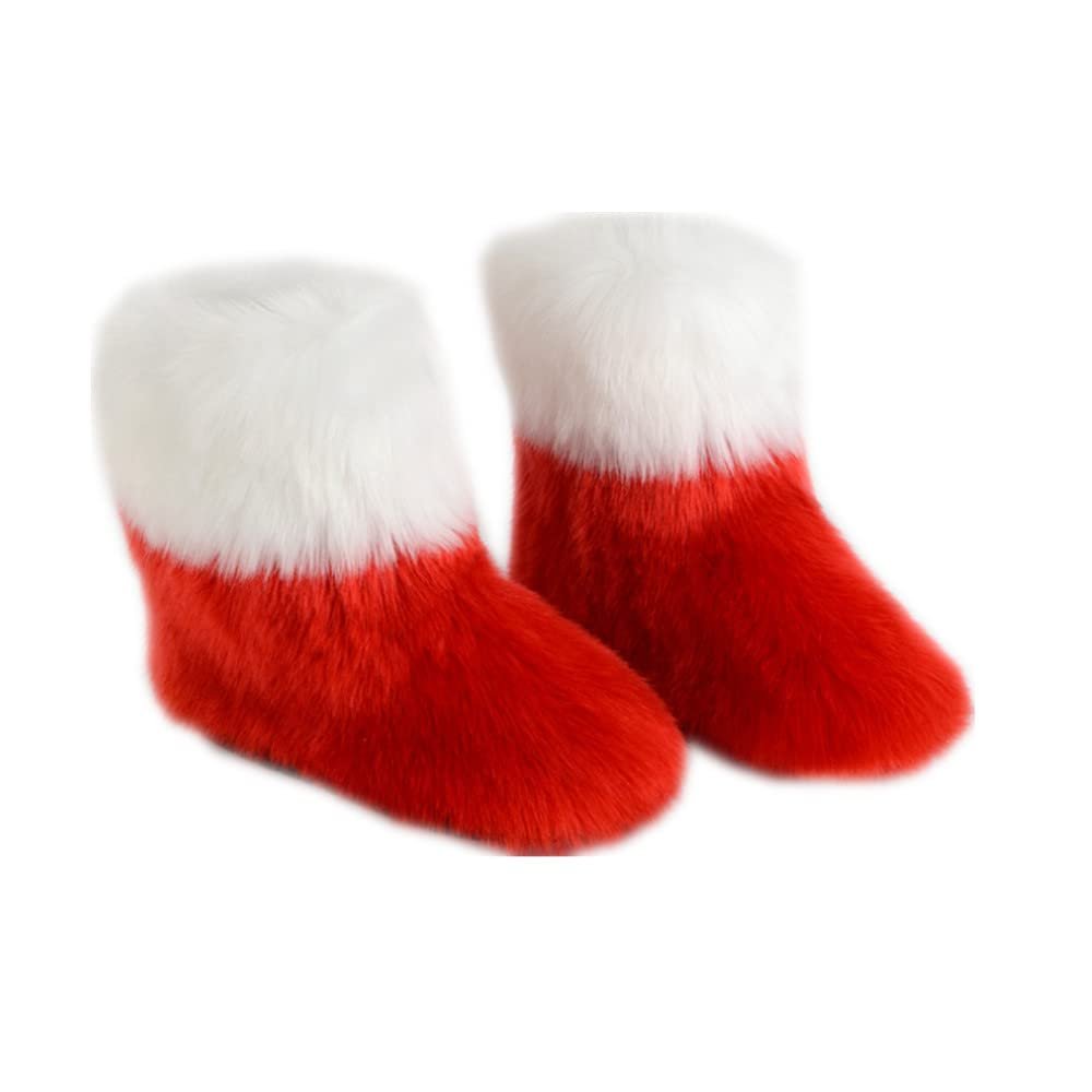 Saralis Girls Fur Snow Boots Fluffy Furry Boots For Women Children Winter Warm Boot Fuzzy Cute Rubber Flat Non-slip Kids Boots Outdoor Flat Shoes (White+Red, 1, numeric_1)