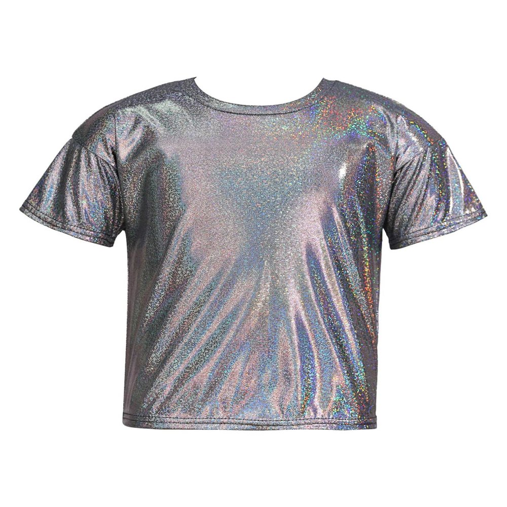 FEESHOW Kids Girls Shiny Metallic T-Shirt Long Sleeve Loose T-Shirt for Stage Performance Costume Jazz Hip Hop Dancewear Black 1 6-7 Years