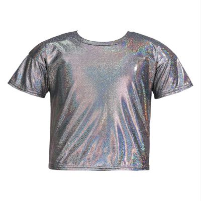 FEESHOW Kids Girls Shiny Metallic T-Shirt Long Sleeve Loose T-Shirt for Stage Performance Costume Jazz Hip Hop Dancewear Black 1 5-6 Years