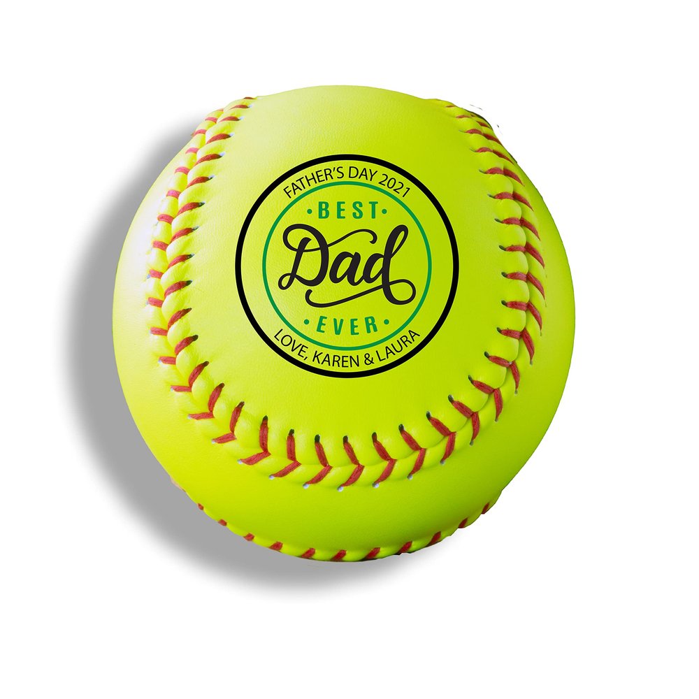 Buffalo Bottle Craft Personalized Softball - Best Dad Ever Printed Gift Custom Yellow Practice Softball - Official Size-Thanks Dad Design Real Leather Softball