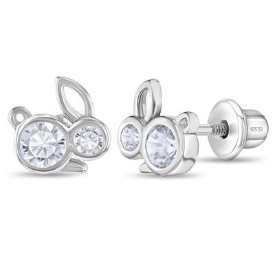 925 Sterling Silver Clear Cubic Zirconia Bunny Rabbit Safety Screw Back Earrings for Toddlers and Little Girls - Petite Studded Screwbacks For A Girls Everyday Accessory - Fun Animal Inspired