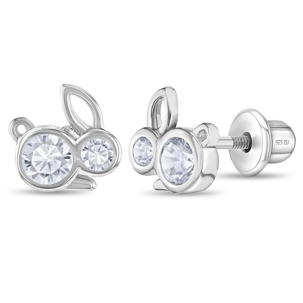 925 Sterling Silver Clear Cubic Zirconia Bunny Rabbit Safety Screw Back Earrings for Toddlers and Little Girls - Petite Studded Screwbacks For A Girls Everyday Accessory - Fun Animal Inspired