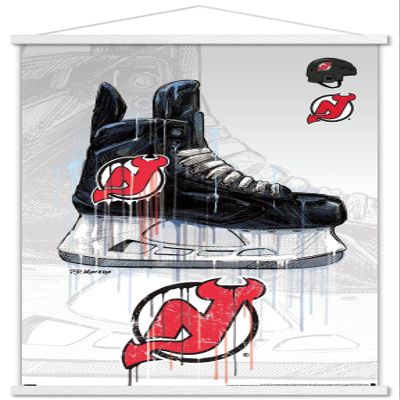 Trends International NHL New Jersey Devils-Drip Skate 21 Wall Poster with Magnetic Frame, 22.375" x 34", Premium Print and White Hanger Bundle