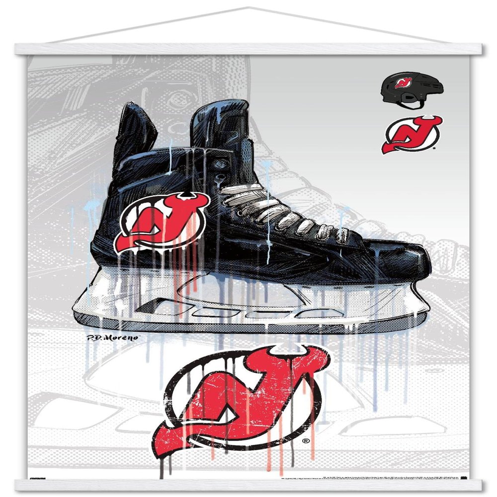 Trends International NHL New Jersey Devils-Drip Skate 21 Wall Poster with Magnetic Frame, 22.375" x 34", Premium Print and White Hanger Bundle