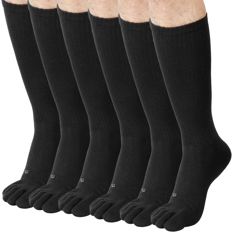 FUN TOES Men Crew Toe Socks Athletic Running Socks - Arch Support - Proper Toe Alignment - Breathable Mesh Top - Soft and Stretchy Value 6 Pairs Pack size 6-12 (Black)