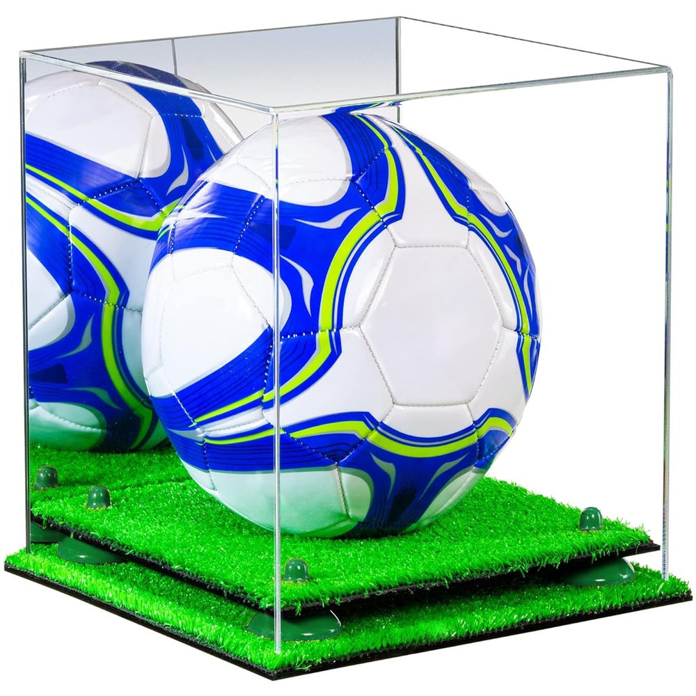 Better Display Cases Acrylic Display Case for Collectibles, Full Size Soccer Ball Display Case, Green Risers & Turf Base, Handcrafted Showcase Box.DIM;9.75" L x 9.75" W x 9.75" H. (B02/A027)
