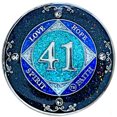 (Years 1-50) NA 41 Year Crystals and Glitter Medallion, Silver Color Plated Coin, Black Rainbow, Blue Glitter and Four Clear Crystals, Epoxy Covered