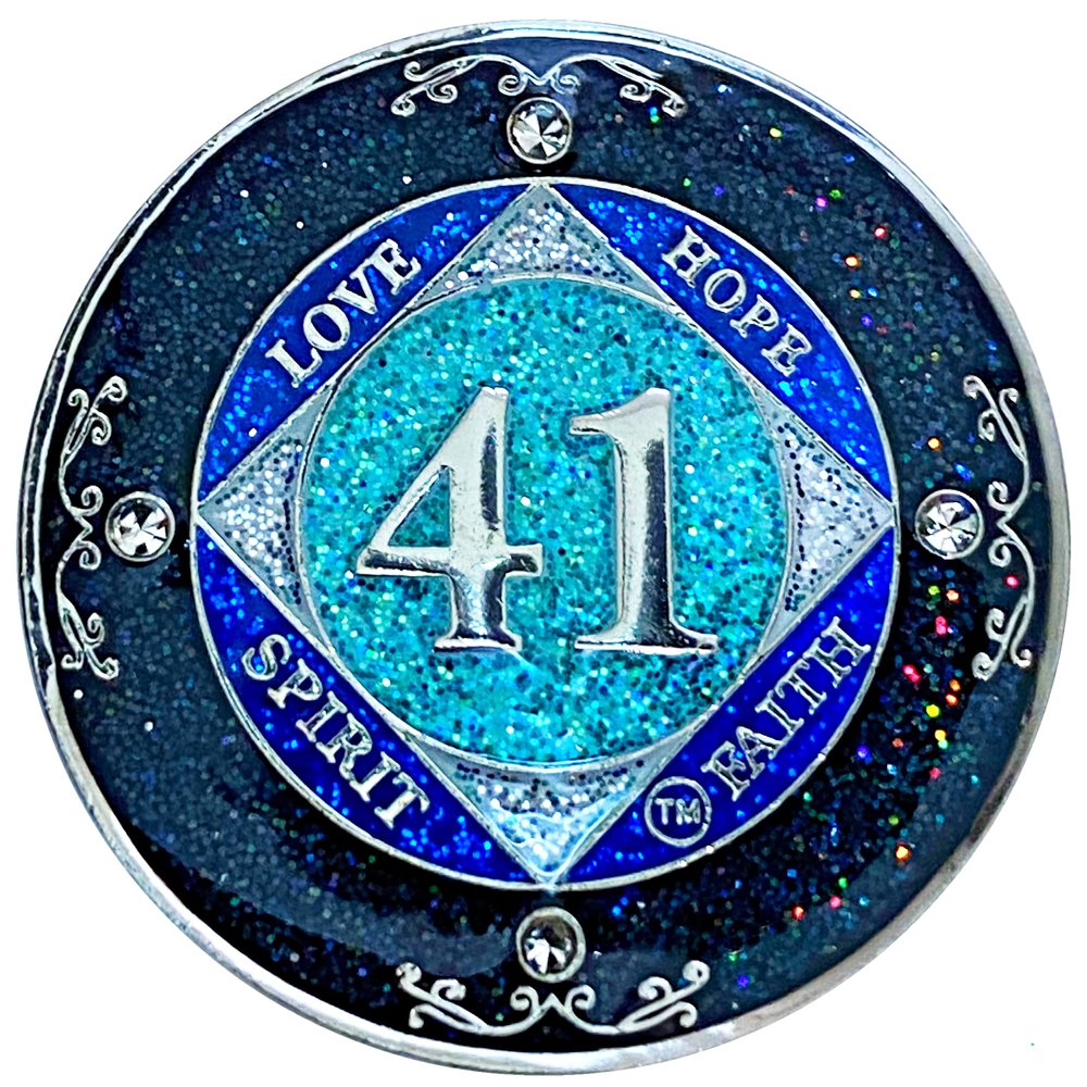 (Years 1-50) NA 41 Year Crystals and Glitter Medallion, Silver Color Plated Coin, Black Rainbow, Blue Glitter and Four Clear Crystals, Epoxy Covered