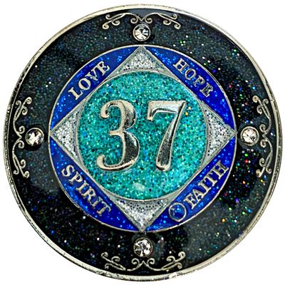 (Years 1-50) NA 37 Year Crystals and Glitter Medallion, Silver Color Plated Coin, Black Rainbow, Blue Glitter and Four Clear Crystals, Epoxy Covered