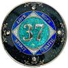 (Years 1-50) NA 37 Year Crystals and Glitter Medallion, Silver Color Plated Coin, Black Rainbow, Blue Glitter and Four Clear Crystals, Epoxy Covered view 1