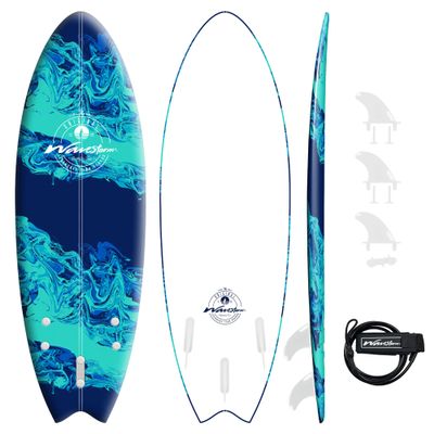 Wavestorm -Soft Top Foam 5'6" Surfboard/Fish Swallow Tail Surfboard for Beginners and All Surfing Levels Youth Complete Set Includes Leash and Multiple Fins, Blue Marble, (AZ22-WSSW560-BLU)