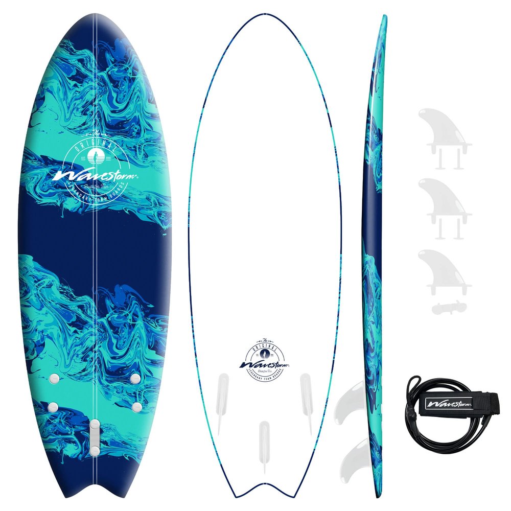 Wavestorm -Soft Top Foam 5'6" Surfboard/Fish Swallow Tail Surfboard for Beginners and All Surfing Levels Youth Complete Set Includes Leash and Multiple Fins, Blue Marble, (AZ22-WSSW560-BLU)