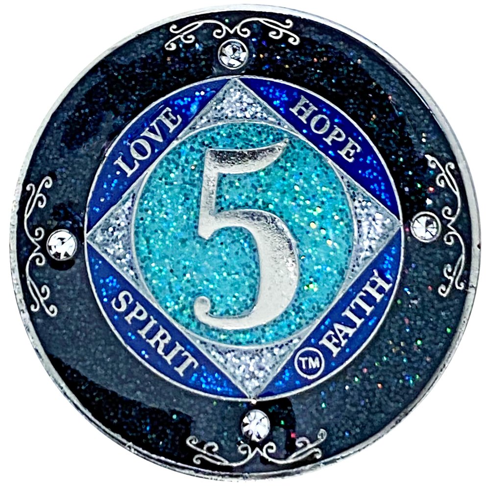 (Years 1-50) NA 5 Year Crystals and Glitter Medallion, Silver Color Plated Coin, Black Rainbow, Blue Glitter and Four Clear Crystals, Epoxy Covered