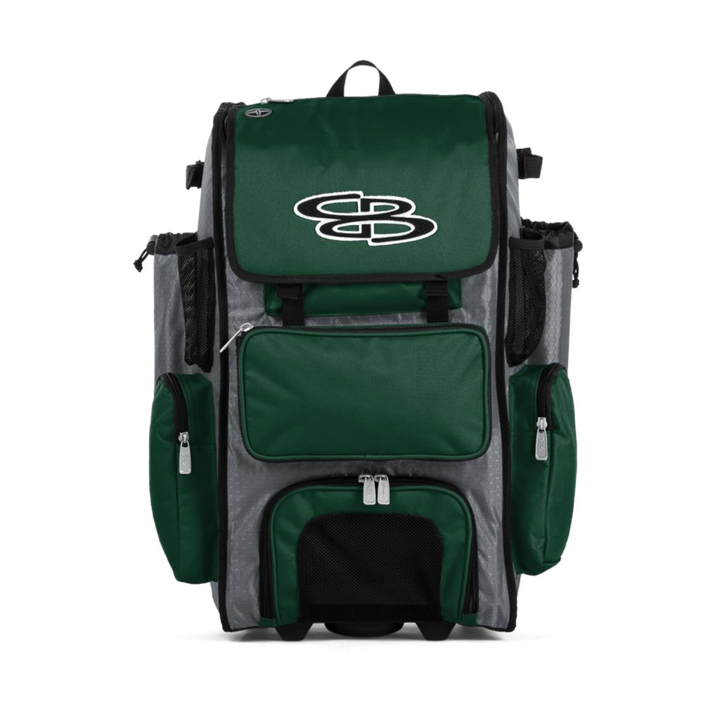 Boombah Rolling Superpack Baseball/Softball Gear Bag - 23-1/2" x 13-1/2" x 9-1/2" - Gray/Dark Green - Telescopic Handle - Holds 4 Bats - Wheeled Version