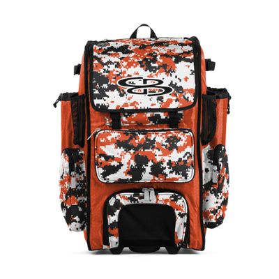 Boombah Rolling Superpack Baseball/Softball Gear Bag - 23-1/2" x 13-1/2" x 9-1/2" - Digital Camo Orange/Black - Telescopic Handle - Holds 4 Bats - Wheeled Version