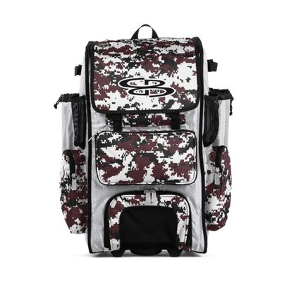 Boombah Rolling Superpack Baseball/Softball Gear Bag - 23-1/2" x 13-1/2" x 9-1/2" - Digital Camo White/Maroon - Telescopic Handle - Holds 4 Bats - Wheeled Version