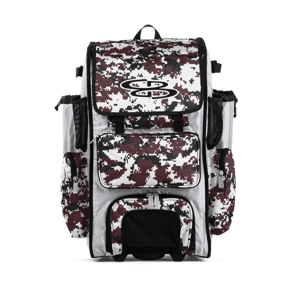 Boombah Rolling Superpack Baseball/Softball Gear Bag - 23-1/2" x 13-1/2" x 9-1/2" - Digital Camo White/Maroon - Telescopic Handle - Holds 4 Bats - Wheeled Version