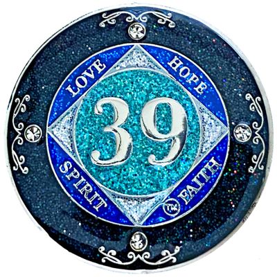 (Years 1-50) NA 39 Year Crystals and Glitter Medallion, Silver Color Plated Coin, Black Rainbow, Blue Glitter and Four Clear Crystals, Epoxy Covered