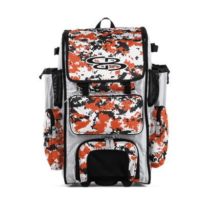 Boombah Rolling Superpack Baseball/Softball Gear Bag - 23-1/2" x 13-1/2" x 9-1/2" - Digital Camo White/Orange - Telescopic Handle - Holds 4 Bats - Wheeled Version