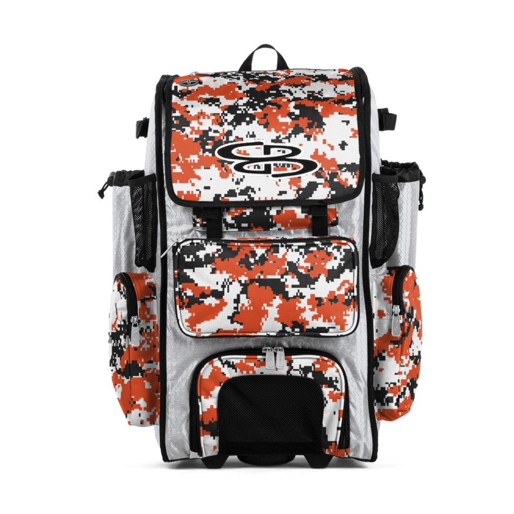 Boombah Rolling Superpack Baseball/Softball Gear Bag - 23-1/2" x 13-1/2" x 9-1/2" - Digital Camo White/Orange - Telescopic Handle - Holds 4 Bats - Wheeled Version