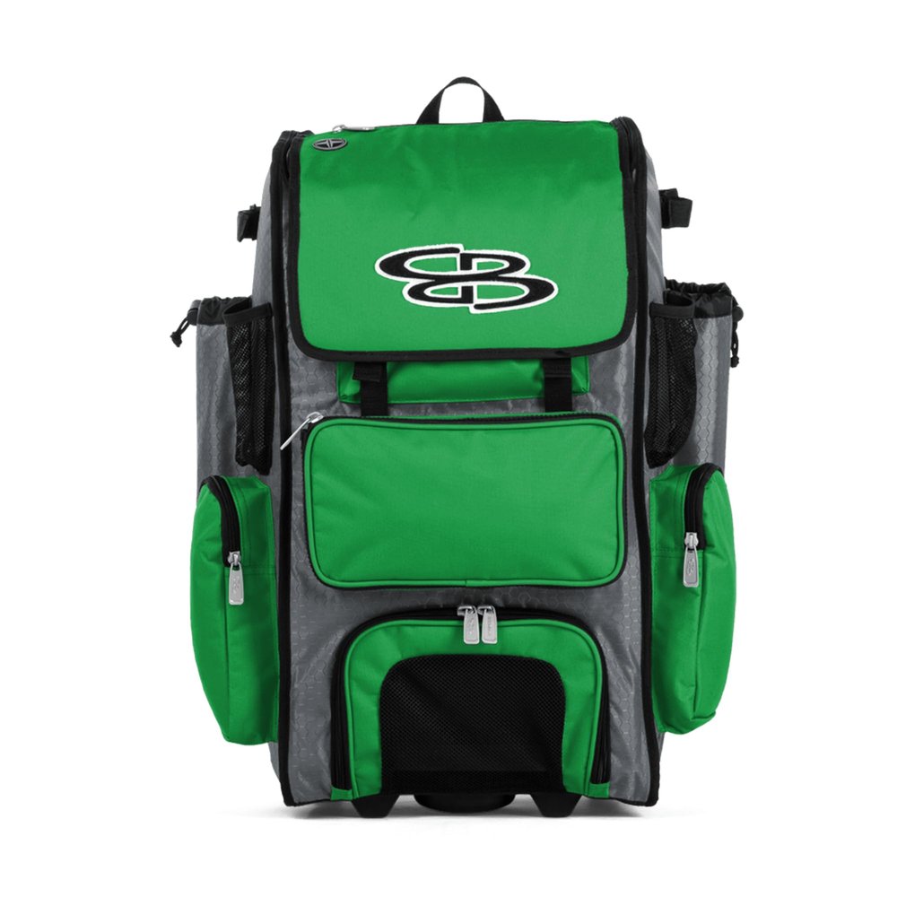 Boombah Rolling Superpack Baseball/Softball Gear Bag - 23-1/2" x 13-1/2" x 9-1/2" - Gray/Kelly Green - Telescopic Handle - Holds 4 Bats - Wheeled Version