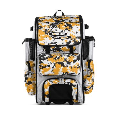 Boombah Rolling Superpack Baseball/Softball Gear Bag - 23-1/2" x 13-1/2" x 9-1/2" - Digital Camo White/Gold - Telescopic Handle - Holds 4 Bats - Wheeled Version