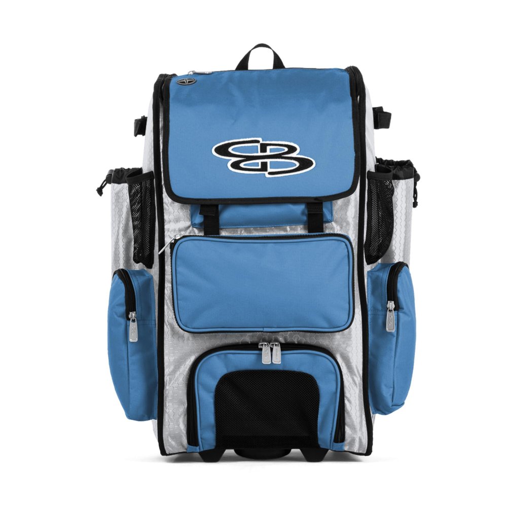 Boombah Rolling Superpack Baseball/Softball Gear Bag - 23-1/2" x 13-1/2" x 9-1/2" - White/Columbia Blue - Telescopic Handle - Holds 4 Bats - Wheeled Version