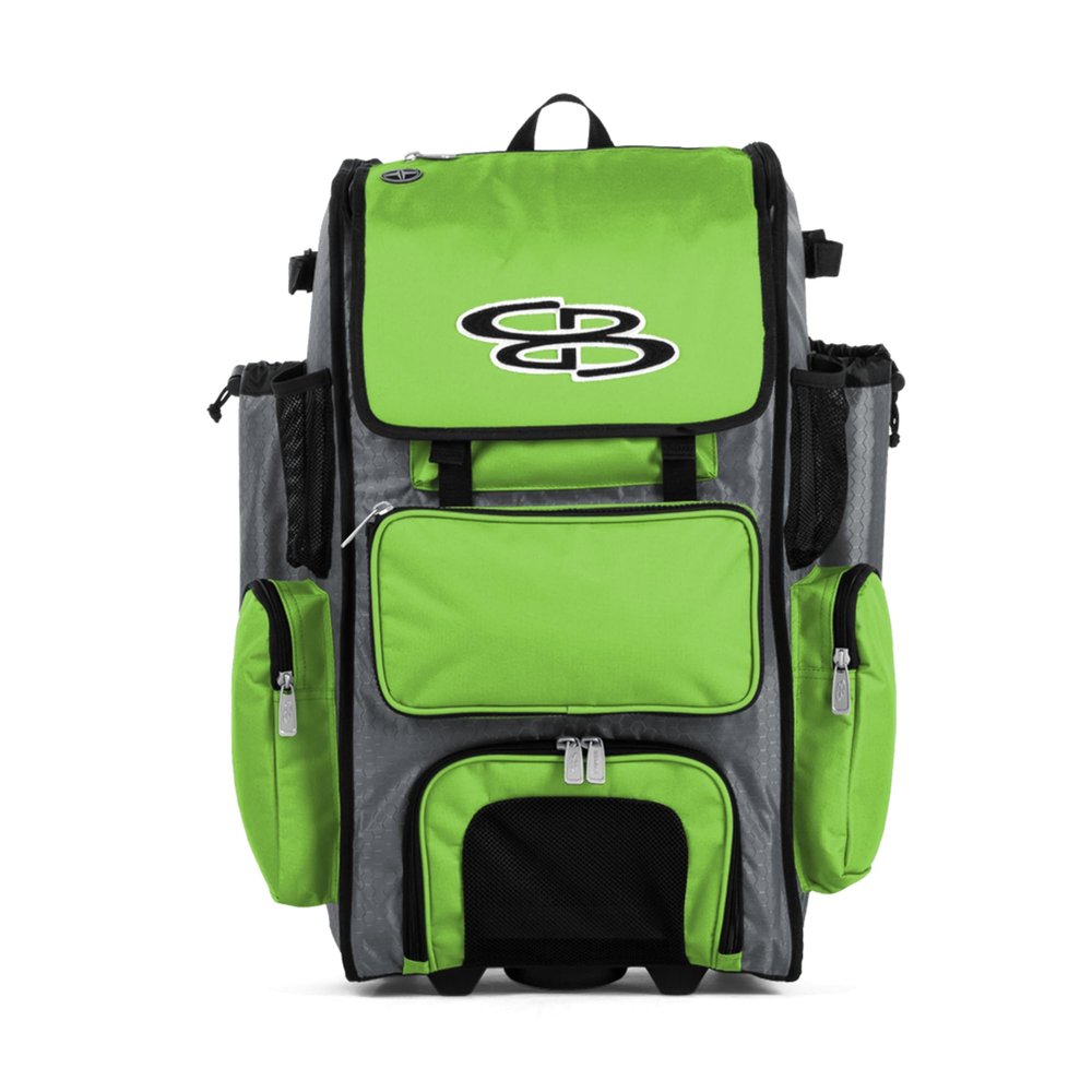 Boombah Rolling Superpack Baseball/Softball Gear Bag - 23-1/2" x 13-1/2" x 9-1/2" - Gray/Lime Green - Telescopic Handle - Holds 4 Bats - Wheeled Version