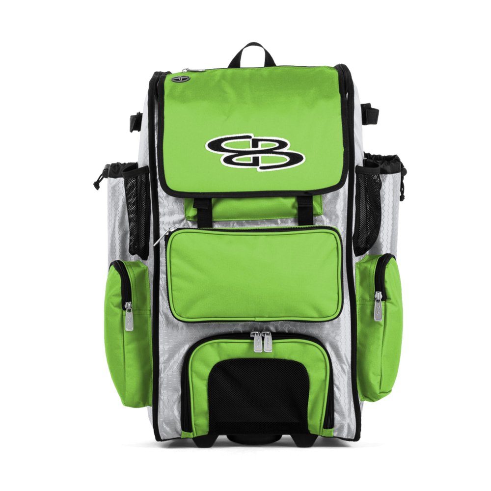 Boombah Rolling Superpack Baseball/Softball Gear Bag - 23-1/2" x 13-1/2" x 9-1/2" - White/Lime Green - Telescopic Handle - Holds 4 Bats - Wheeled Version